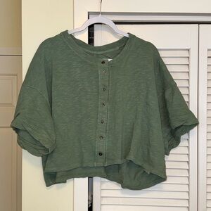 Free People Green Button-Up Cropped Top